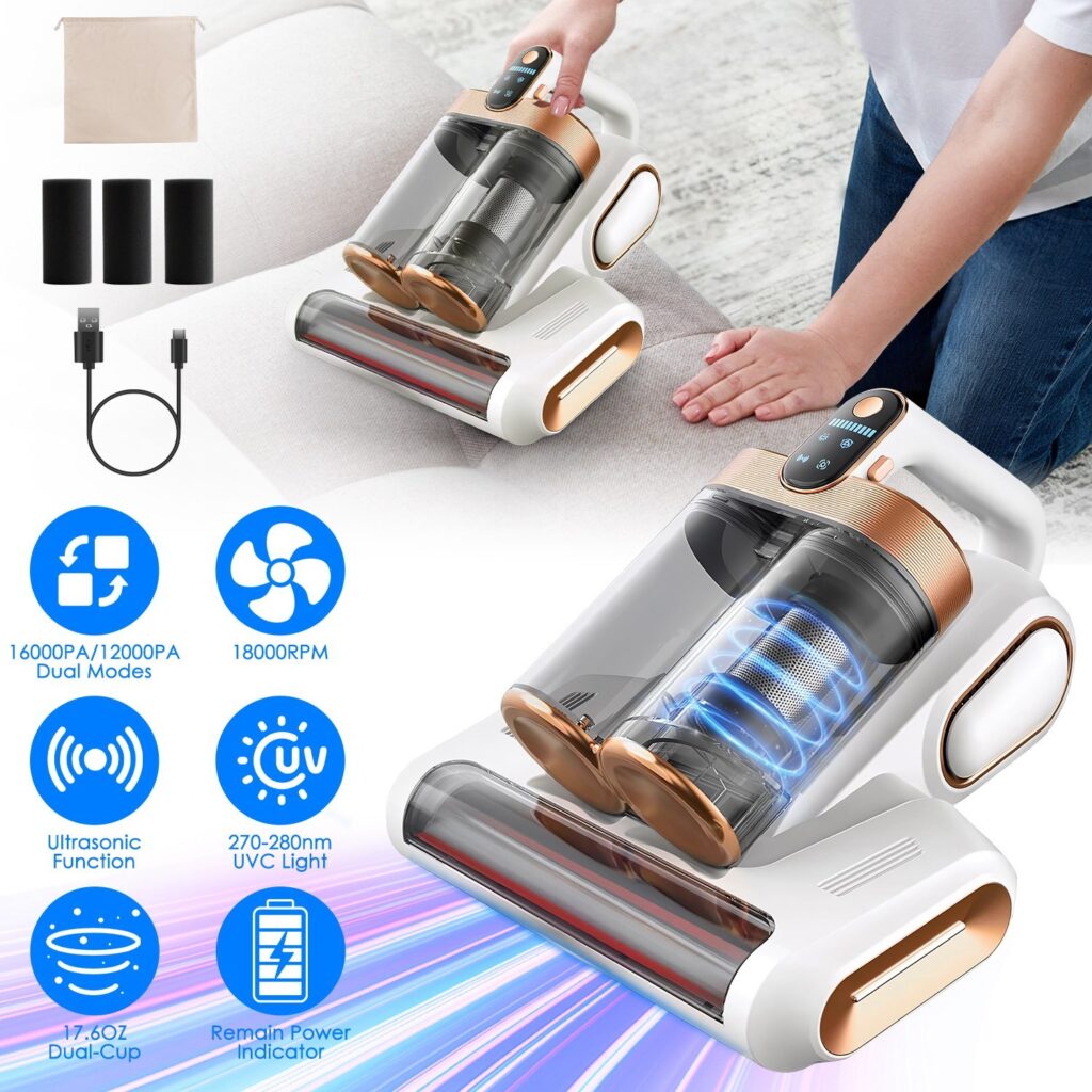 Mattress Vacuum Cleaner with UV & Ultrasonic – 16Kpa Cordless Bed Cleaner